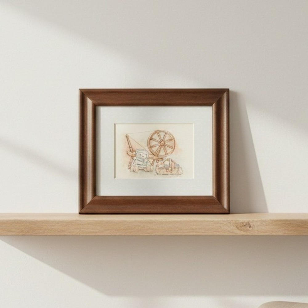 Framed Teddy Bear Spinning Wheel‎ Needlepoint Art Print Charming Home Decor